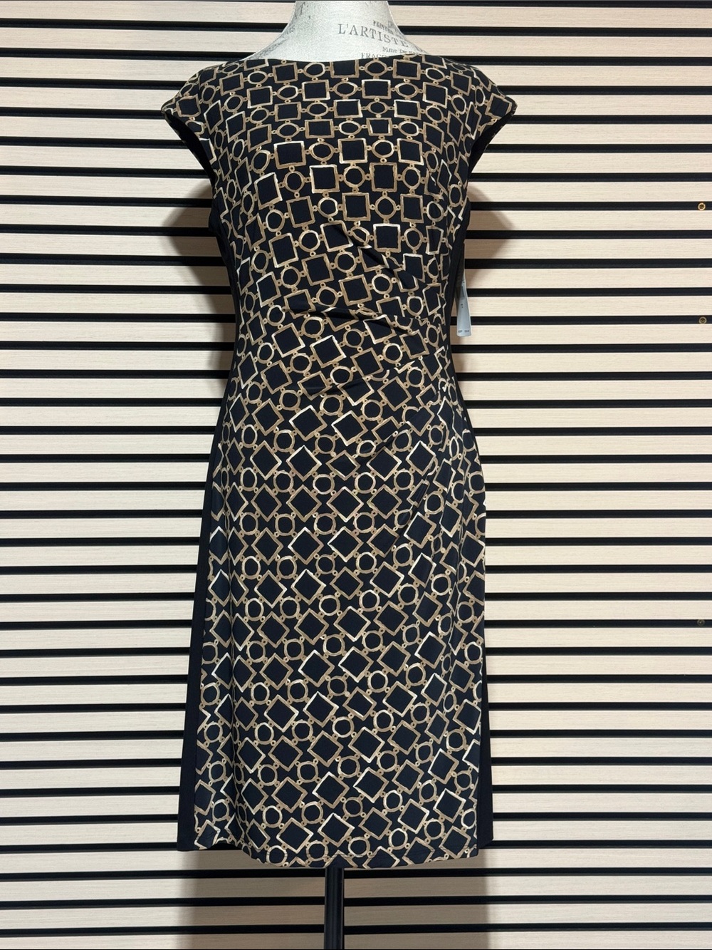 Lauren Ralph Lauren Black and Beige Geometric Cap-Sleeve Midi Dress